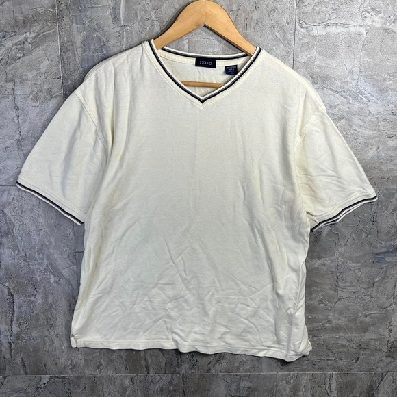 Izod White and navy blue vintage golf polo shirt men's Medium 100% cotton #golf